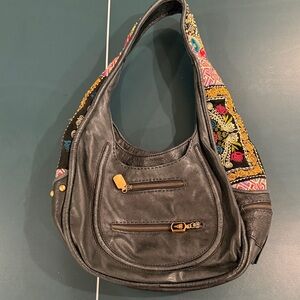Isabella Fiore Black Leather Hobo Bag with Embroidered Strap